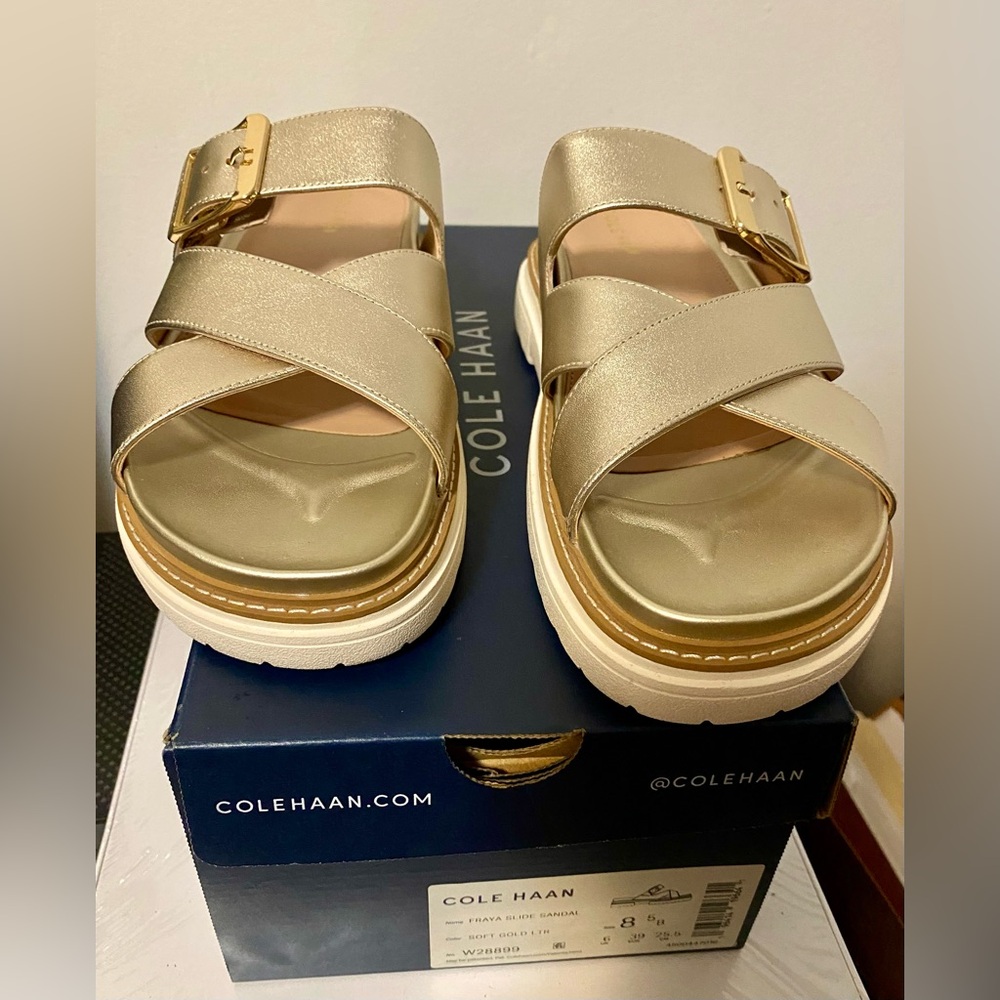 Cole Haan Fraya Slide Sandal in the color soft gold. Women’s size 8.5